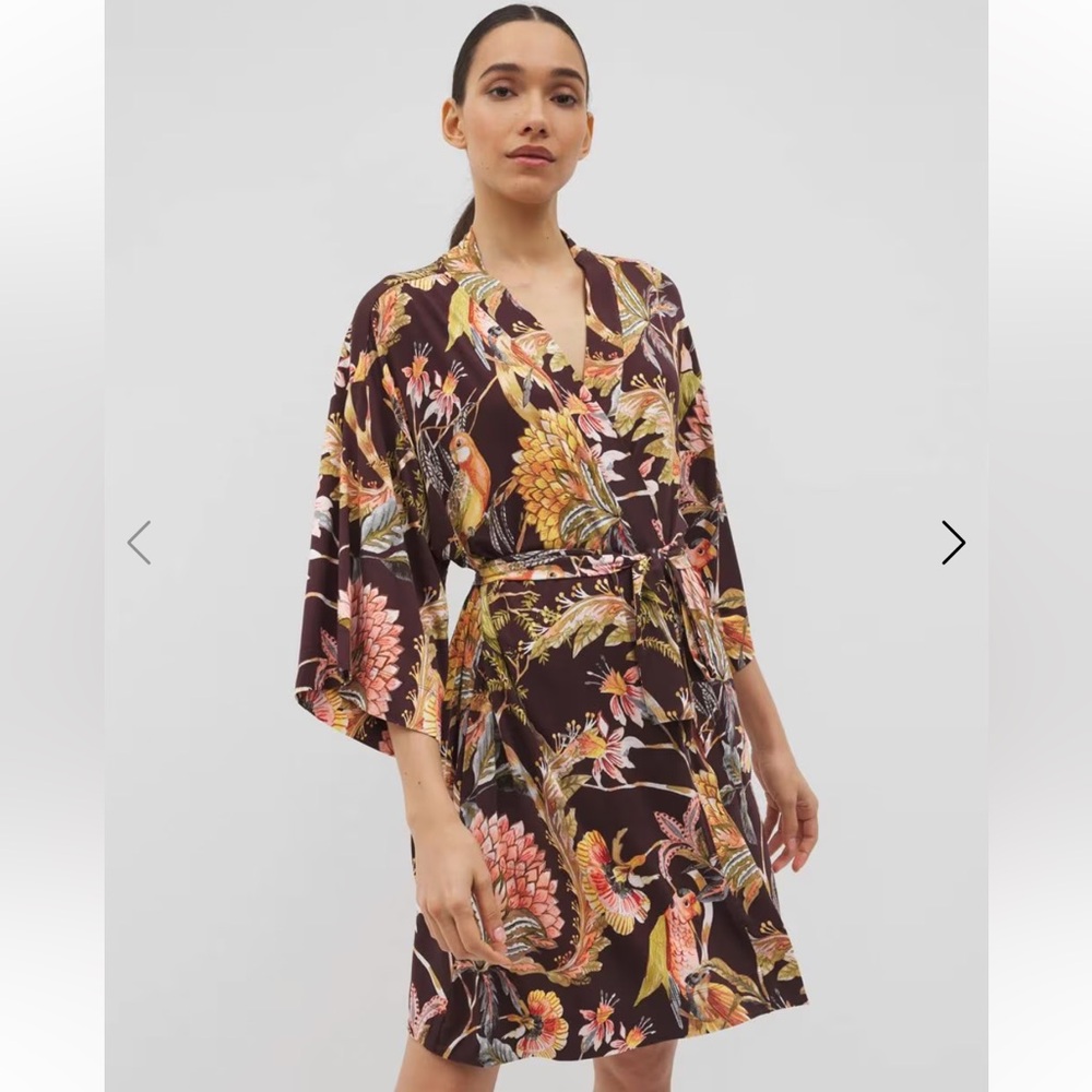 Soma Small / Medium Robe PARROT DISO PLUME Brown Floral Bird Print Pockets